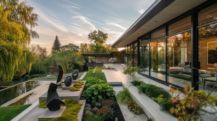 sleek suburban home with large, angular windows overlooking a meticulously landscaped garden with modern sculptures