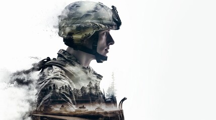 Double exposure image of soldier with battlefield.