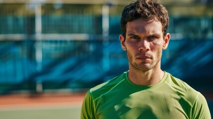 A man in a green shirt is standing on a tennis court