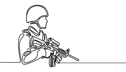 Single continuous line drawing of young male soldier.