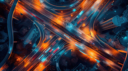Aerial view of an intricate highway intersection at night