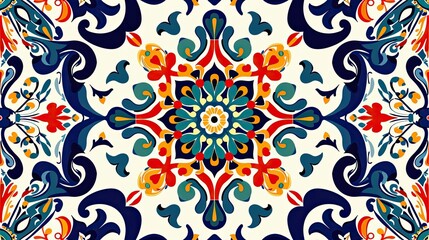 Italian ceramic tile pattern. Mediterranean porcelain pottery. Ethnic folk ornament. Mexican talavera portuguese azulejo spanish majolica arabesque motif. Vector illustration