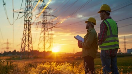 Engineers inspecting high-voltage power lines near a power plant, emphasizing the importance of infrastructure maintenance