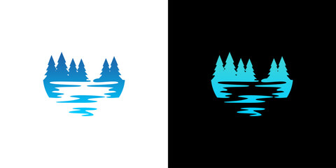 Lake forest logo vector. Pine tree lake nature abstract design illustration