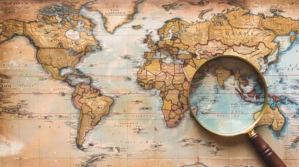A magnifying glass lies on a detailed world map, inviting viewers to explore and discover the wonders of our planet.