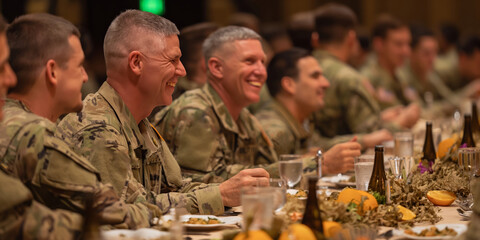 Military Personnel Sharing a Meal at a Formal Dining Event in Uniform