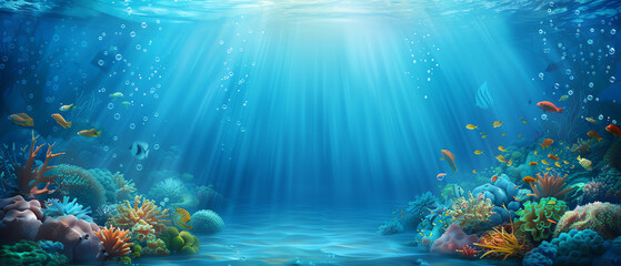Beautiful underwater scene with diverse fish, rich coral landscapes, and bubbles rising gracefully
