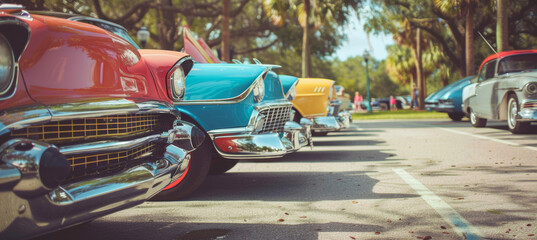 Classic Car Show: Vintage Cars Displayed in Sunlit Parking Lot for Enthusiasts