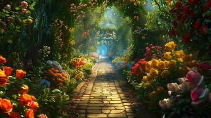  an enchanted garden pathway lined with vibrant flowers in full bloom alice in wonderland background