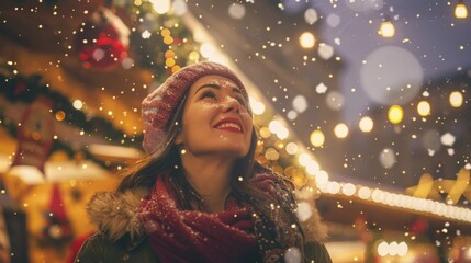 Joyful Woman Enjoying Winter Wonderland at Festive Christmas Market