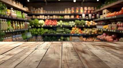 empty wooden table with beautiful grocery store background