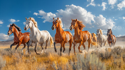 Herd of wild horses galloping across desert plain with dramatic cloudy sky. Concept of freedom, natural beauty, and wildlife conservation.