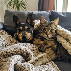 Pies i kot leżący razem na kanapie