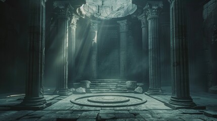 Sunbeams illuminate the interior of an ancient temple casting ethereal light on the stone