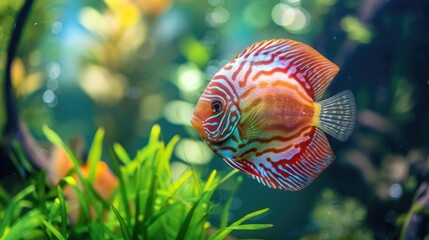 A beautiful discus fish swimming among aquatic plants.