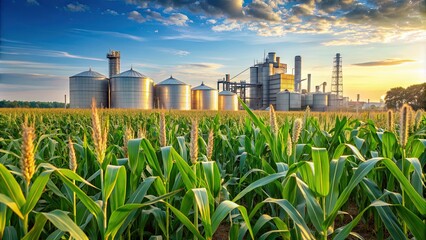 Corn field with ethanol plant in distance, agriculture, biofuel, ethanol, renewable energy, plant, farm