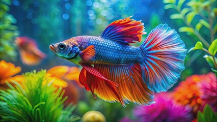 Colorful Betta fish swimming in a tropical fish tank, tropical, fish, Betta, vibrant, colorful, underwater, aquatic, fins