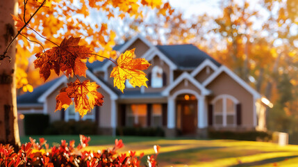 Beautiful suburban house in autumn with sunlit golden leaves. Warm, welcoming home exterior surrounded by fall foliage. high quality.