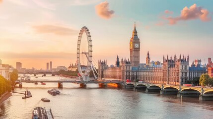 Majestic London: Aerial View of the London Eye with River Thames and Big Ben - UK Landmarks in a Vibrant Cityscape, Generative Ai