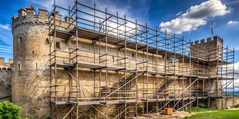 non edited photo shows Scaffolding for renewing and renovation of old history buildings castle walls Generative AI