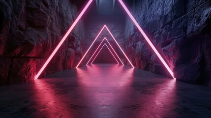 Futuristic neon tunnel in dark cave