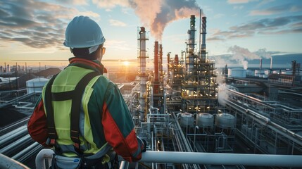 A man in a safety vest stands on a railing overlooking a large industrial plant