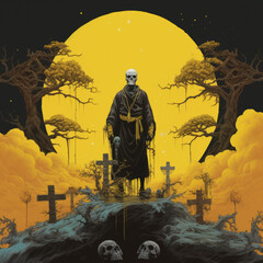 Ghostly Samurai on Yellow Block - Weird Art Lofi Album Cover Art