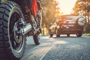 A motorcycle lies on its side, while a car is stopped nearby, illuminated by warm sunlight on a calm asphalt road.