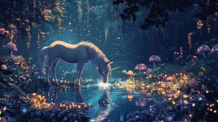 A fantasy forest scene with a unicorn drinking from a sparkling pond, surrounded by enchanted flowers and glowing mushrooms, in an ethereal cartoon style, on a black background 