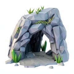 3D Render, Low Poly style of haunted cave entrance, on isolated white background, Generative AI