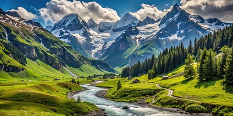 A serene view of the Swiss Alps with snow-capped peaks, lush green valleys, and winding mountain streams, Switzerland