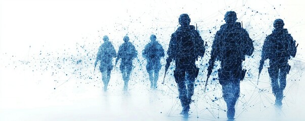 Digital illustration of wireframe soldiers marching in formation with a tech-inspired background