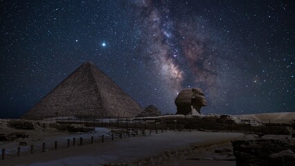 Egypt Pyramid of Khufu Sphinx Under Milky Way Galaxy