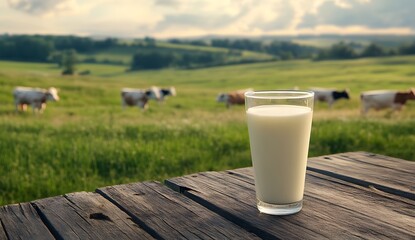 glass of milk on wooden table in front, green meadow with cows in the background, beautiful sky, soft light, realistic photo, high resolution