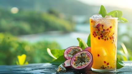 Passion fruit soda,fresh drink on wood with green nature background 