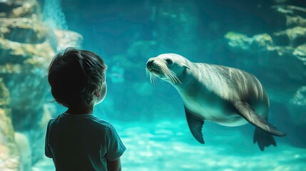 A young boy gazes in wonder at a seal swimming in an aquarium, its sleek body and inquisitive eyes captivating the child's attention.