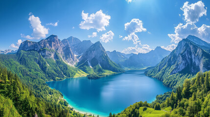 Beautiful colourful landscape of a blue lake in a green valley surrounded by mountains