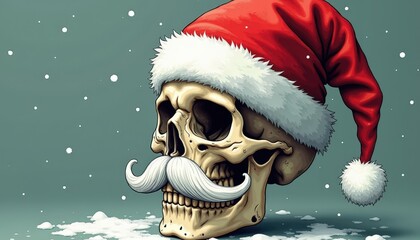 Skull Wearing Santa Hat and Mustache in Snow.