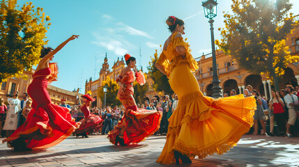 Colorful costumes, passionate expressions, intricate footwork - a lively flamenco dance performance in Seville.