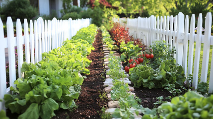 A charming vegetable garden with neat rows of lettuce, tomatoes, and herbs, enclosed by a white picket fence 