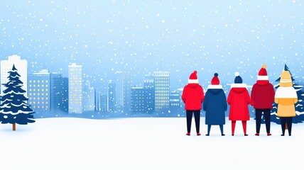 A winter scene featuring people in colorful coats, enjoying a snowy day in the city with snow-covered trees and buildings.