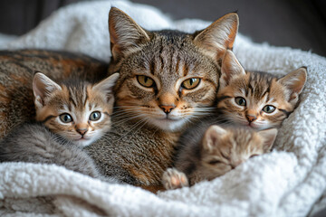 Kocia mama i kocięta na kocyku