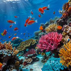 A colorful reef with many fish and coral. The scene is vibrant and lively