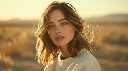 A beautiful woman with shoulder-length hair wearing an oversized white sweatshirt is standing in the desert
