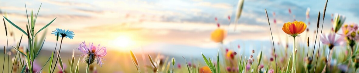 Beautiful wildflower meadow at sunrise, showcasing vibrant flowers under a colorful sky, capturing the essence of natural beauty.