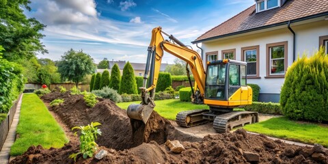 Mini excavator digging and preparing the ground under a home garden , mini excavator, digging, preparing, ground