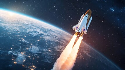 New space rocket lift off. Space shuttle with smoke and blast takes off into space on a background of blue planet earth with amazing sunset. Successful start of a space mission. Travel to Mars