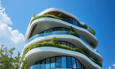 A tall building with a green roof and a blue sky in the background. The building has a modern design and he is a residential building