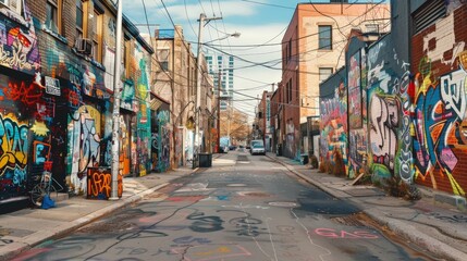 A city road with street art and murals, adding color and creativity to the urban landscape.
