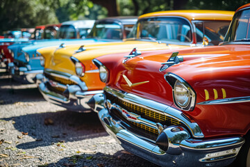 A festive display of classic cars in vibrant colors, celebrating automotive heritage outdoors, showcasing timeless beauty under the sunny skies